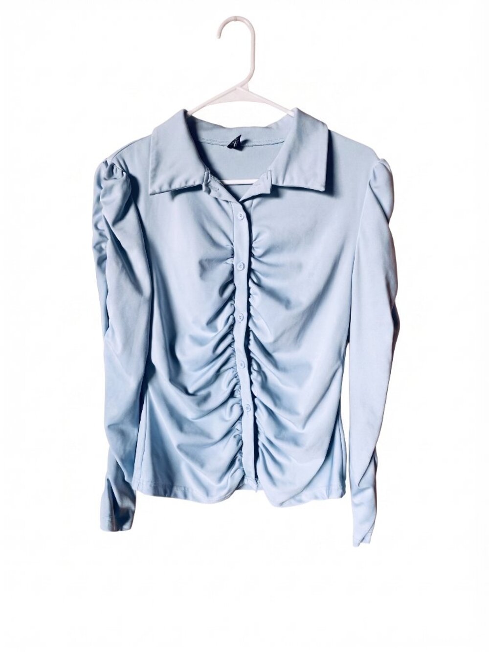 SHEIN Light Blue Ruched Button Front Puff Sleeve Blouse, Size L